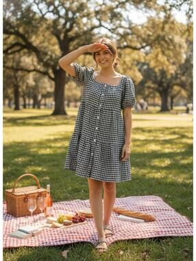 Beach Lunch Lounge Black/White Gingham Button-Front Dress with Puff Sleeves XL